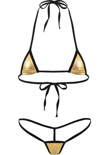 Sarı Deri Görünümlü Ipli Bikini Takımı