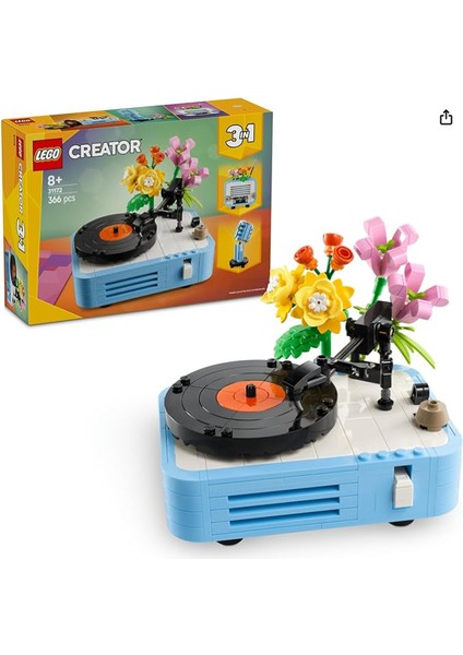 Creator 3’ü 1 Arada Çiçekli Pikap 31172-8 Yaş ve Üzeri Kız ve Erkek Çocuklar Için Radyo ve Mikrofona Dönüşebilen Yaratıcı Oyuncak Yapım Seti, Müzik Oyuncakları Yaratıcı Hediye Fikri (366 Parça)
