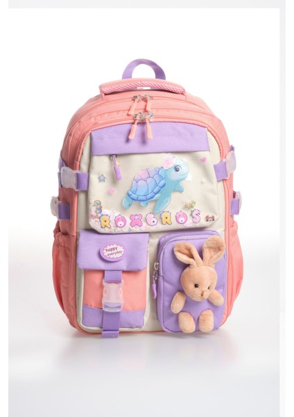 Kore Tarzı Sevimli Kaplumbağa Desenli 180° Tam Açılır Kız Çocuk Ilkokul Çantası - Ergonomik Okul Sırt Çantası