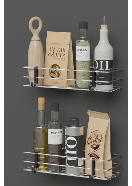 2 Li Set Yapışkanlı Krom Gümüş Askılı Baharatlık Mutfak Rafı Tezgah Düzenleyici Organizer