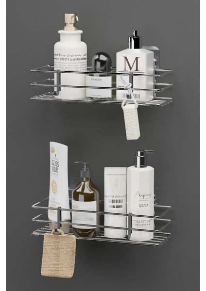 Yapışkanlı 2 Li Set Krom Gümüş Banyo Rafı Duş Şampuanlık Duvar Düzenleyici Organizer