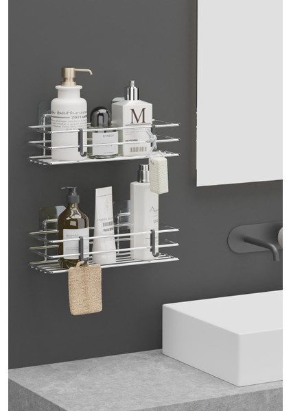 Yapışkanlı 2 Li Set Krom Gümüş Banyo Rafı Duş Şampuanlık Duvar Düzenleyici Organizer fiyatları