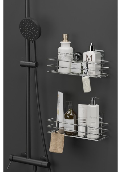 Yapışkanlı 2 Li Set Krom Gümüş Banyo Rafı Duş Şampuanlık Duvar Düzenleyici Organizer fırsatları