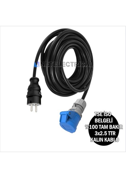 Tekne ve Karavan Enerji Besleme Kablosu 11 Metre | IP44 Kauçuk Düz Fiş + 3X16A Uzatma Priz | Siyah Kalın Kablo