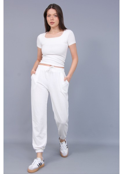 Kadın Krem Cepli Iki Iplik Jogger Eşofman Altı
