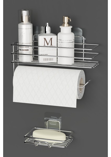 Krom Gümüş Yapışkanlı 2 Li Set Banyo Rafı Rulo Kağıt Havlu ve Sabunluk Set Düzenleyici