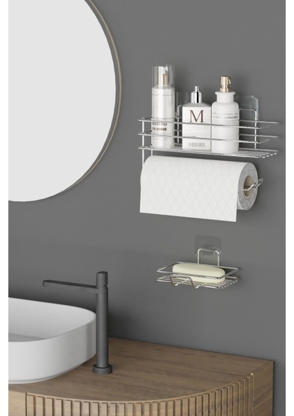 Krom Gümüş Yapışkanlı 2 Li Set Banyo Rafı Rulo Kağıt Havlu ve Sabunluk Set Düzenleyici fiyatları