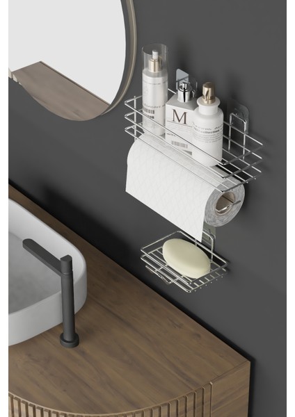 Krom Gümüş Yapışkanlı 2 Li Set Banyo Rafı Rulo Kağıt Havlu ve Sabunluk Set Düzenleyici modelleri