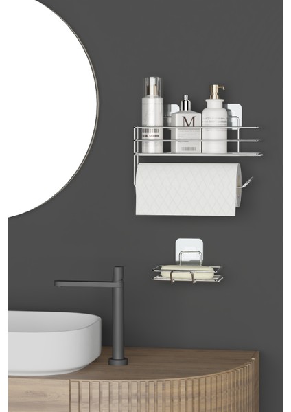 Krom Gümüş Yapışkanlı 2 Li Set Banyo Rafı Rulo Kağıt Havlu ve Sabunluk Set Düzenleyici fırsatları