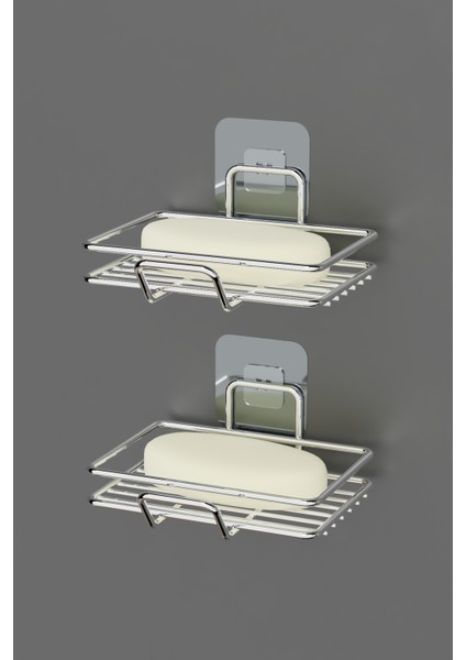 Krom Gümüş Yapışkanlı 2 Li Set Sabunluk Banyo Mutfak Lavabo Metal Katı Sabunluk