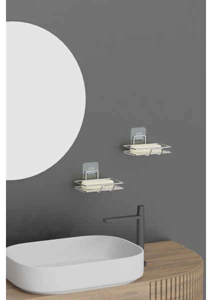 Krom Gümüş Yapışkanlı 2 Li Set Sabunluk Banyo Mutfak Lavabo Metal Katı Sabunluk modelleri