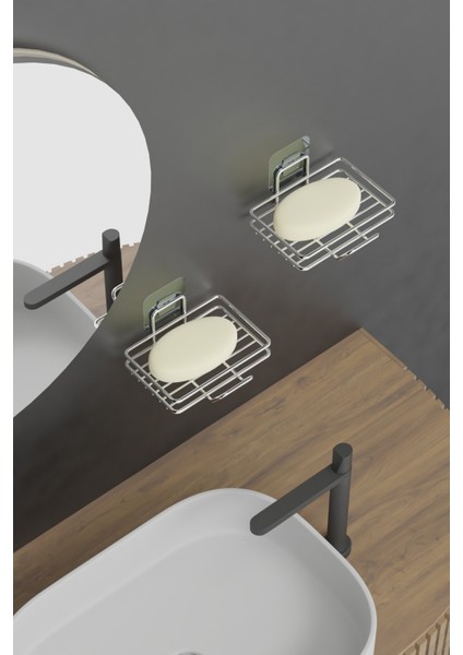 Krom Gümüş Yapışkanlı 2 Li Set Sabunluk Banyo Mutfak Lavabo Metal Katı Sabunluk fırsatları