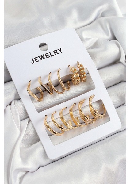Pirinç Karışık Halka Model Gold Renk 6 Çift Kadın Küpe Set - Lisinya