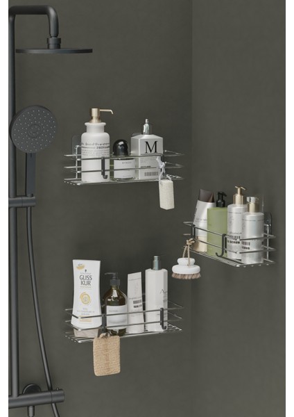 Yapışkanlı 3'lü Set Krom Gümüş Banyo Rafı Duş Şampuanlık Duvar Düzenleyici Organizer modelleri