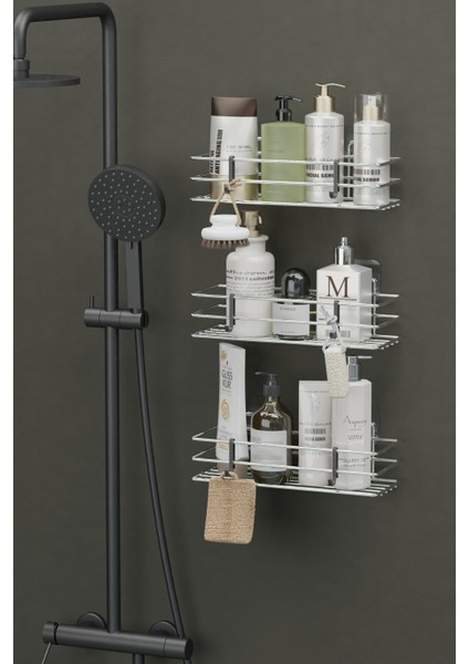 Yapışkanlı 3'lü Set Krom Gümüş Banyo Rafı Duş Şampuanlık Duvar Düzenleyici Organizer fırsatları