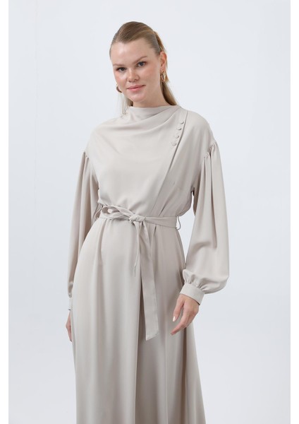 Kadın Beli Kuşaklı Saten Elbise 12608ELB