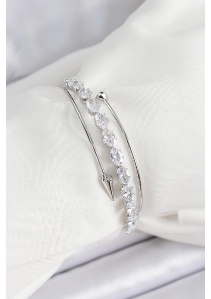 Pirinç Gümüş Renk Arpa Zirkon Taşlı Kadın Bileklik