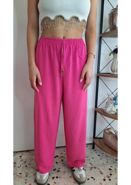 Müslin Keten Beli Lastikli Bol Paça Pantolon