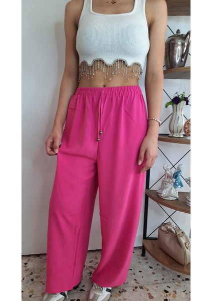 Müslin Keten Beli Lastikli Bol Paça Pantolon modelleri
