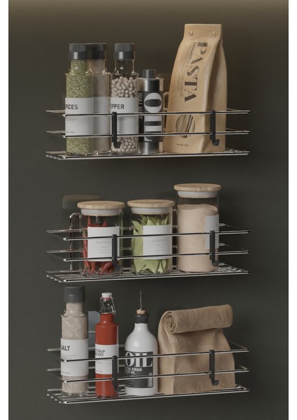 Krom Gümüş 3 Lü Set Yapışkanlı Askılı Baharatlık Mutfak Rafı Tezgah Düzenleyici Organizer