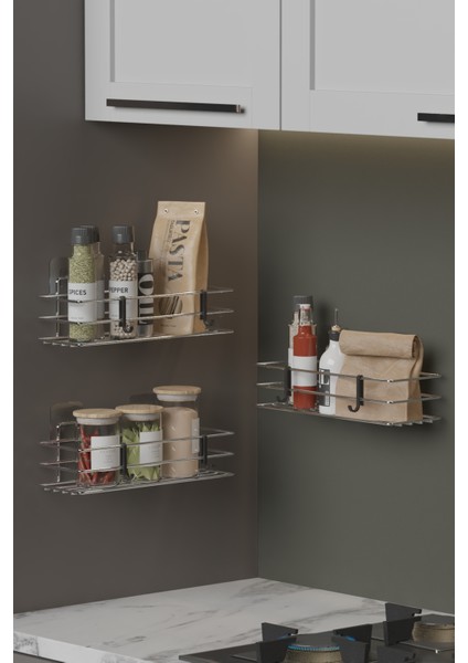 Krom Gümüş 3 Lü Set Yapışkanlı Askılı Baharatlık Mutfak Rafı Tezgah Düzenleyici Organizer fiyatları