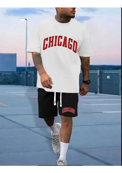 Siyah Chicago Yazılı Oversize Erkek Tişört & Şort Takımı