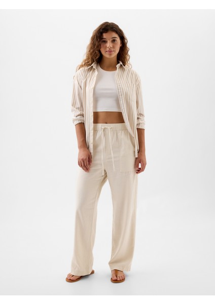 Kadın Bej Keten Karışımlı Wide-Leg Pull-On Pantolon