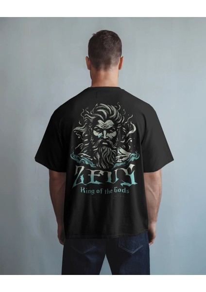 Caglısa Zeus Baskılı Oversize Siyah Tişört – King Of The Gods Tasarımı