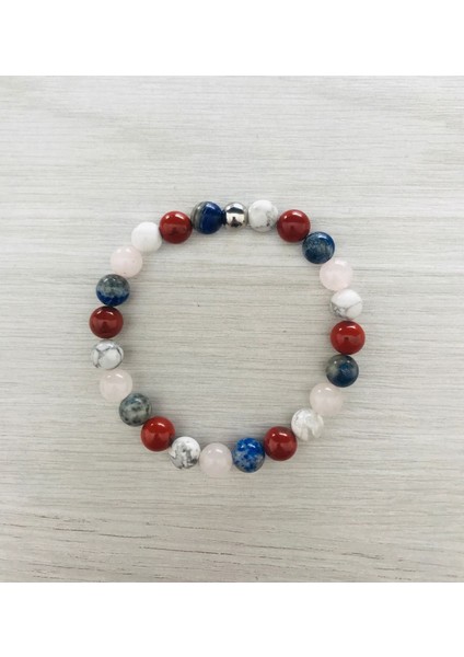 Gerçek Havlit, Red Jasper, Lapis Lazuli, Pembe Kuvars Taşı Bileklik MKT061
