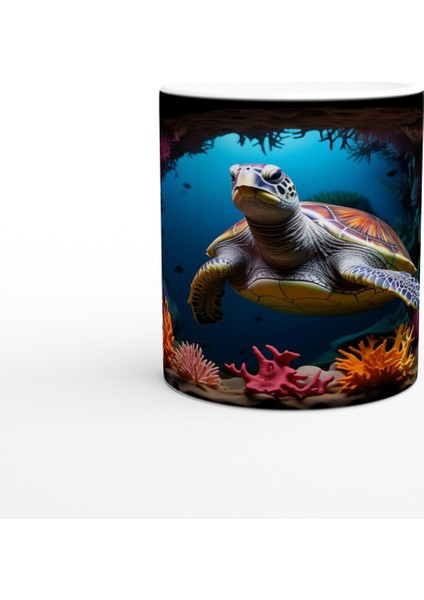 Mercan Bahçesinde Yüzen Asil Kaplumbağalı Kupa Bardak