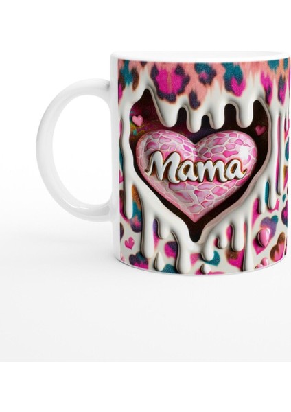 Renkli Kalp Desenli Mama Yazılı Anneler Günü Kupa Bardak