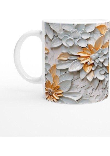 Beyaz ve Altın Detaylı Lüks Çiçek Desenli Kupa Bardak