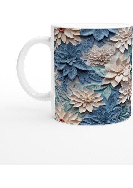 Buz Mavisi Yaprak ve Krem Çiçek Desenli Kupa Bardak