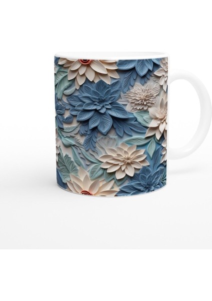 Buz Mavisi Yaprak ve Krem Çiçek Desenli Kupa Bardak modelleri