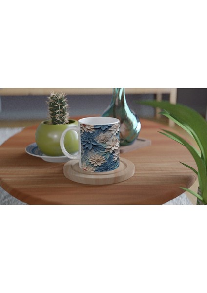 Buz Mavisi Yaprak ve Krem Çiçek Desenli Kupa Bardak fırsatları