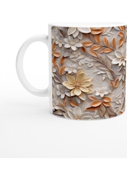 Krem ve Tarçın Tonlarında Rölyef Çiçekli Kupa Bardak