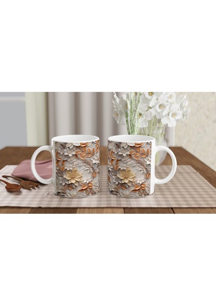 Krem ve Tarçın Tonlarında Rölyef Çiçekli Kupa Bardak indirimleri