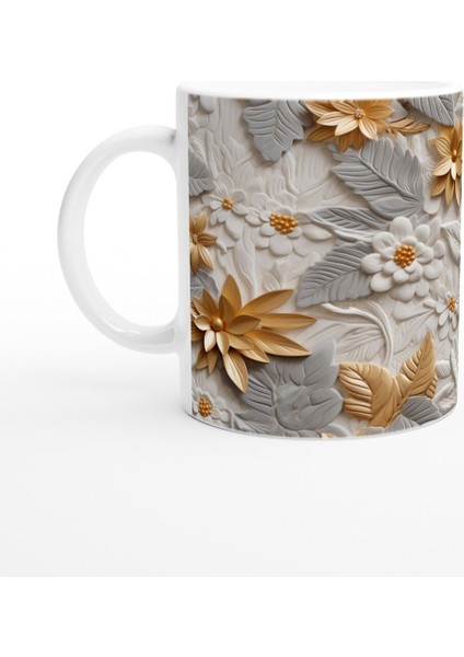 Altın Yaprak Işıltılı Çiçek Desenli Kupa Bardak
