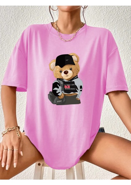 Tedy Bear Baskılı -Ayıcık Baskılı Oversize Tshirt - %100 Pamuktshirt - Sportif Tarz -Caglisa