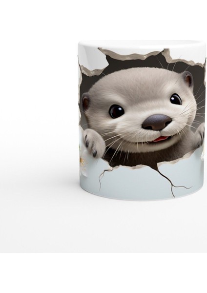 Beyaz Çiçekler Arasında Gülümseyen Su Samuru Baskılı Kupa Bardak