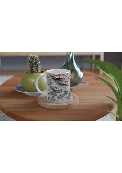 Buz Mavisi Çiçek Desenli Kupa Bardak fırsatları