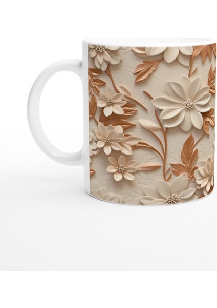 Karamel Tonlu Çiçek Desenli Kupa Bardak