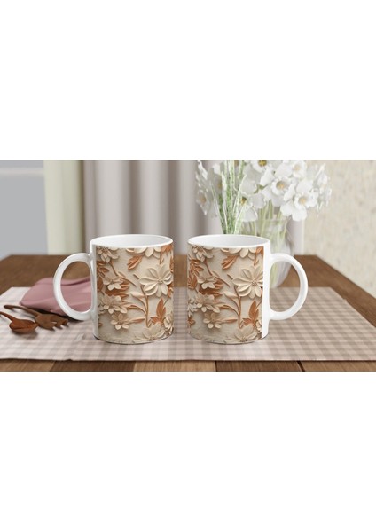 Karamel Tonlu Çiçek Desenli Kupa Bardak indirimleri