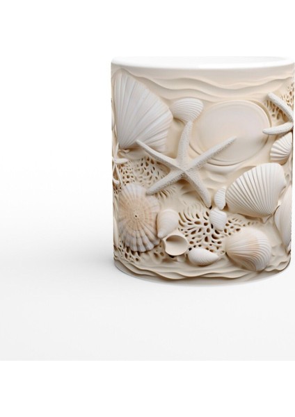 Krem Tonlarda Kabuk ve Deniz Yıldızlı Su Altı Temalı Kupa Bardak