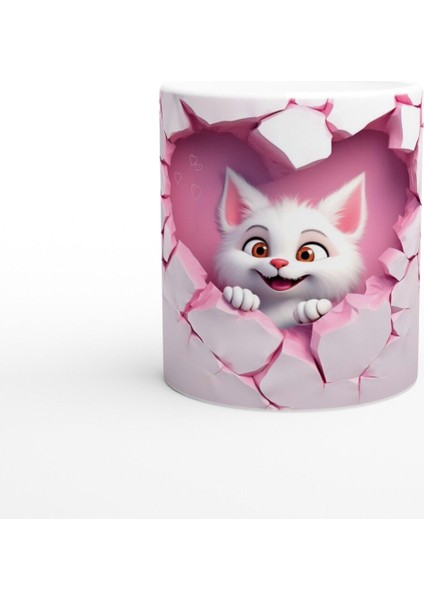 Çatlak Kalpten Bakan Sevimli Beyaz Kedi Temalı Baskılı Kupa Bardak