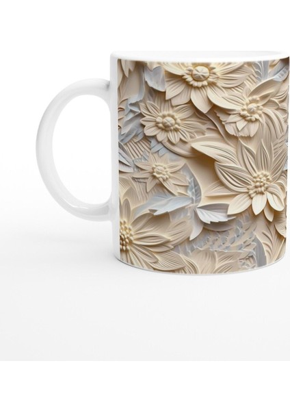 Krem Tonlarında Kabartmalı Yaprak Çiçek Desenli Kupa Bardak