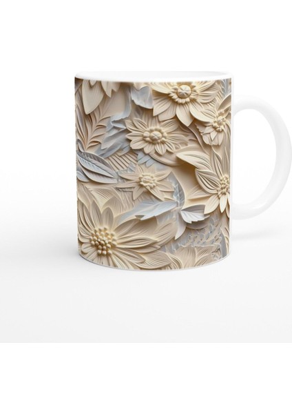 Krem Tonlarında Kabartmalı Yaprak Çiçek Desenli Kupa Bardak modelleri