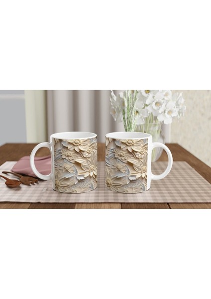 Krem Tonlarında Kabartmalı Yaprak Çiçek Desenli Kupa Bardak indirimleri