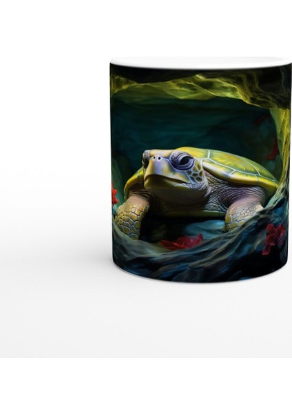 Yosunlu Mağarada Dinlenen Deniz Kaplumbağası Kupa Bardak