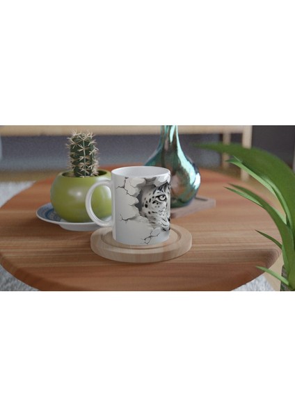 Buz Gibi Bakışlı Kar Leoparı Desenli Baskılı Kupa Bardak modelleri